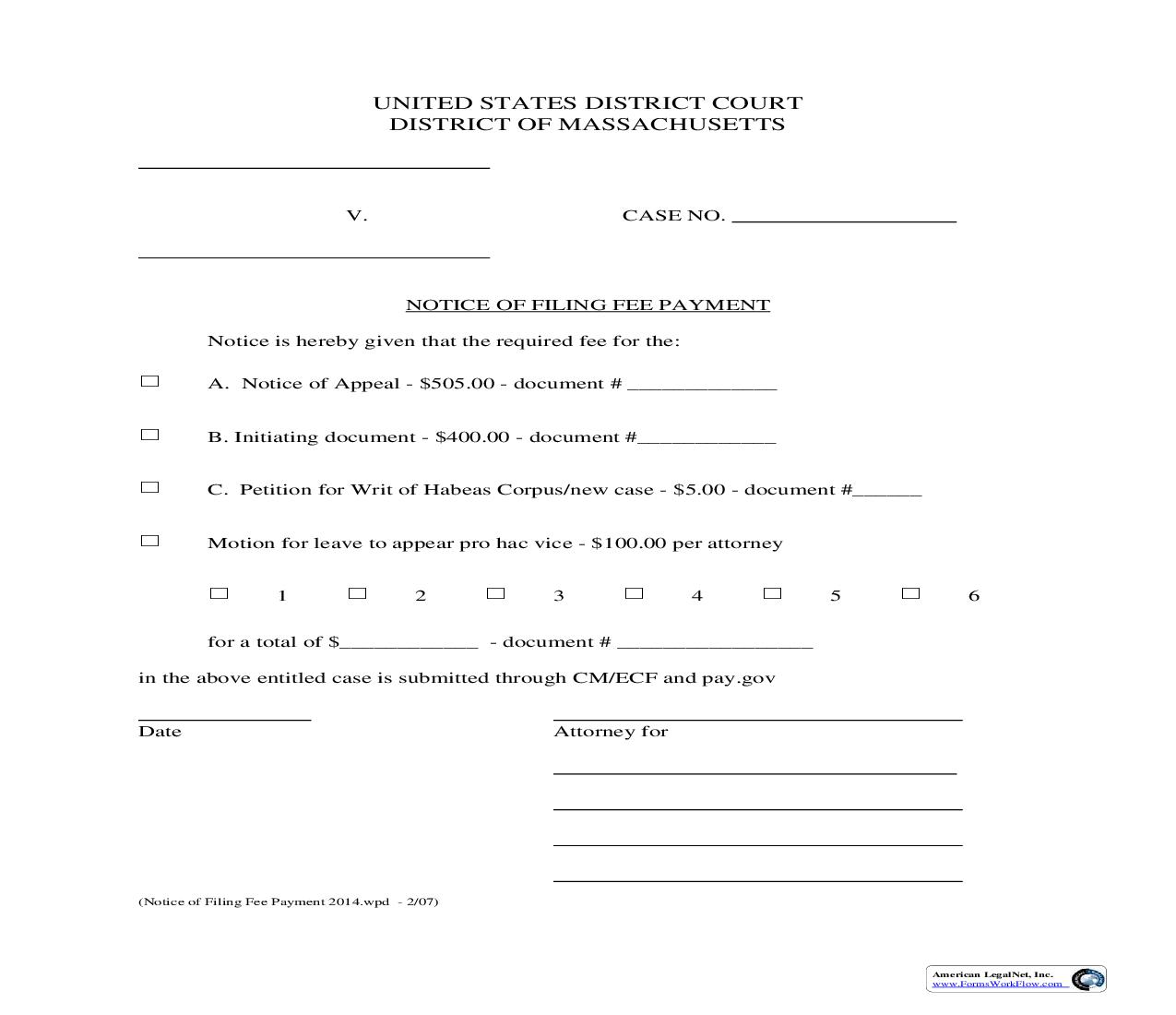 Notice Of Filing Fee Payment | Pdf Fpdf Doc Docx | Massachusetts