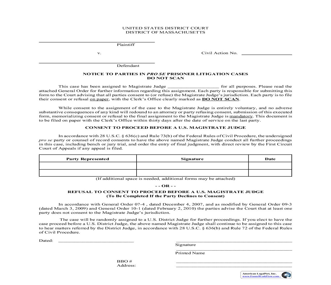 Pro Se Prisoner Litigation Consent-Refusal Of Magistrate Judge Jurisdiction | Pdf Fpdf Doc Docx | Massachusetts