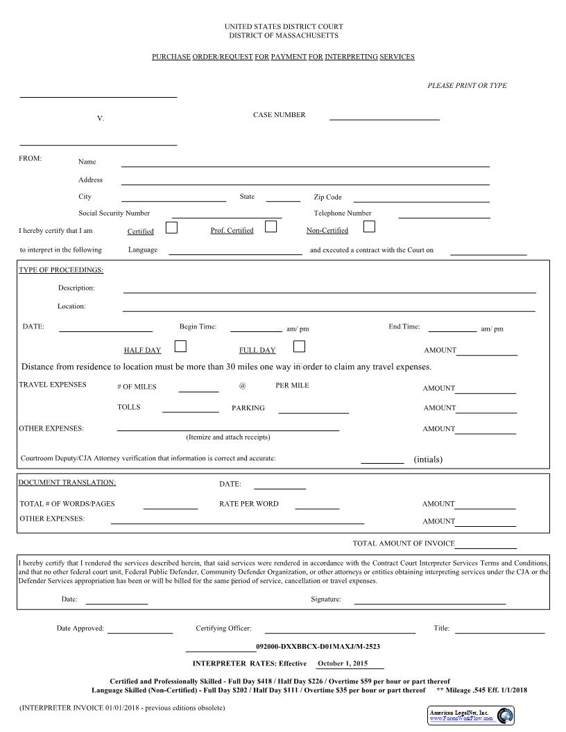 Purchase Order Request For Payment For Interpreting Services | Pdf Fpdf Docx | Massachusetts
