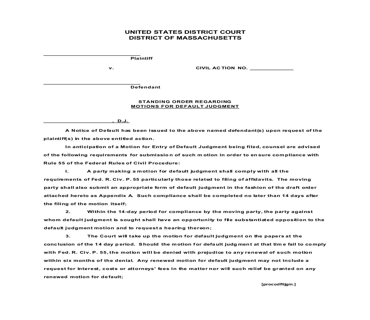 Standing Order Re-Motions For Default Judgment | Pdf Fpdf Doc Docx | Massachusetts