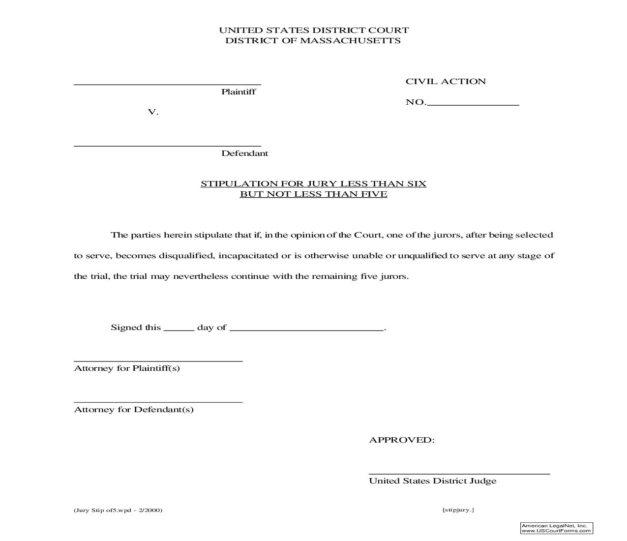 Stipulation For Jury Less Than Six | Pdf Fpdf Doc Docx | Massachusetts