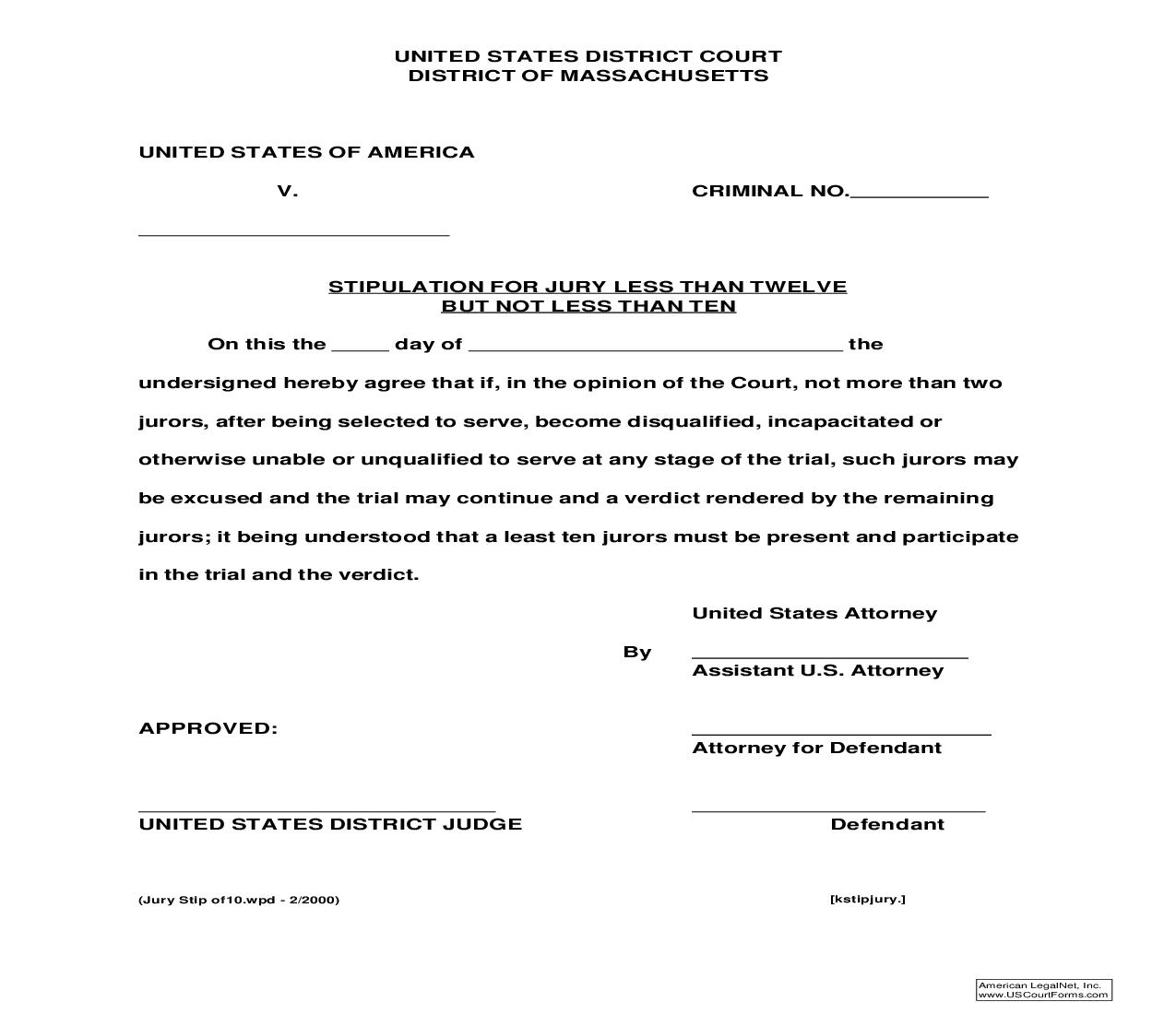 Stipulation for Jury Less Than Twelve | Pdf Fpdf Doc Docx | Massachusetts