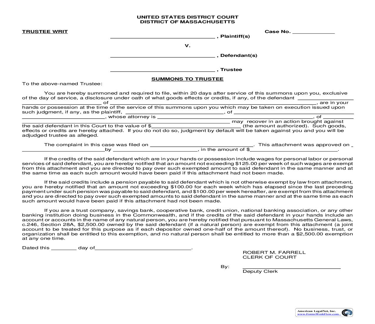 Trustee Writ-Summons-Civil | Pdf Fpdf Doc Docx | Massachusetts