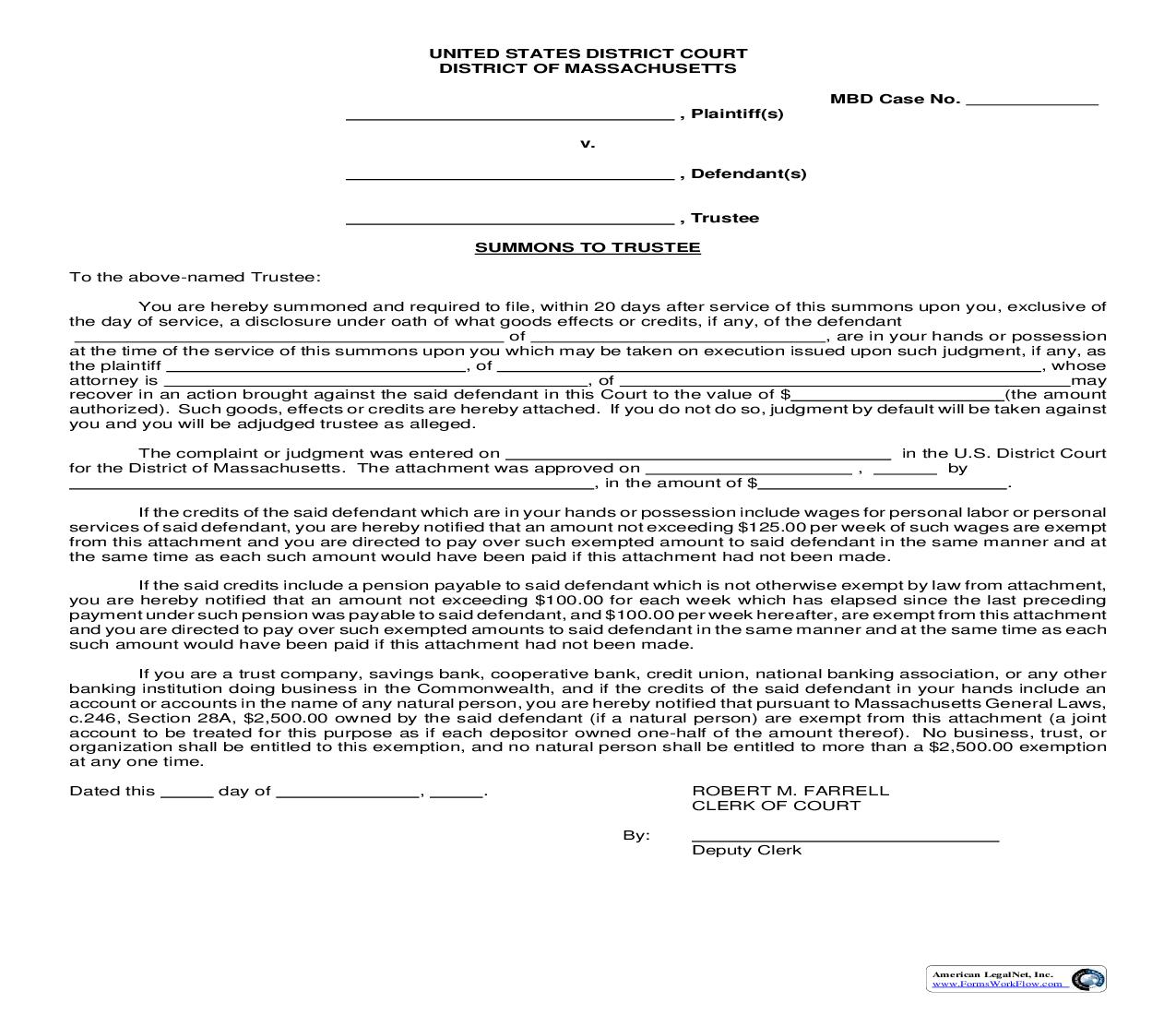 Trustee Writ-Summons-MBD | Pdf Fpdf Doc Docx | Massachusetts