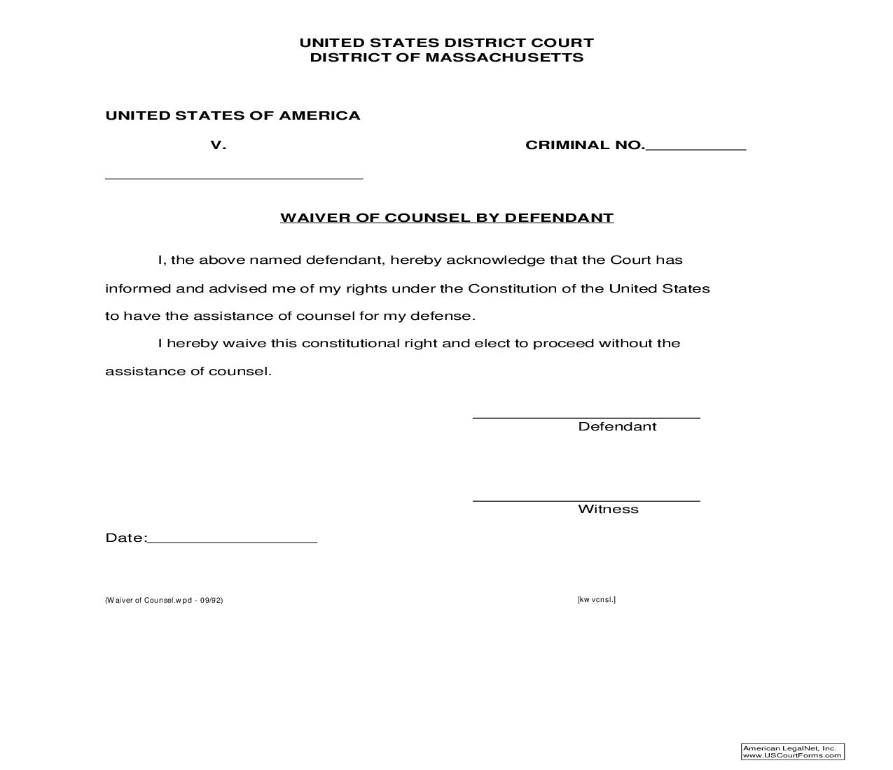Waiver Of Counsel By Defendant | Pdf Fpdf Doc Docx | Massachusetts