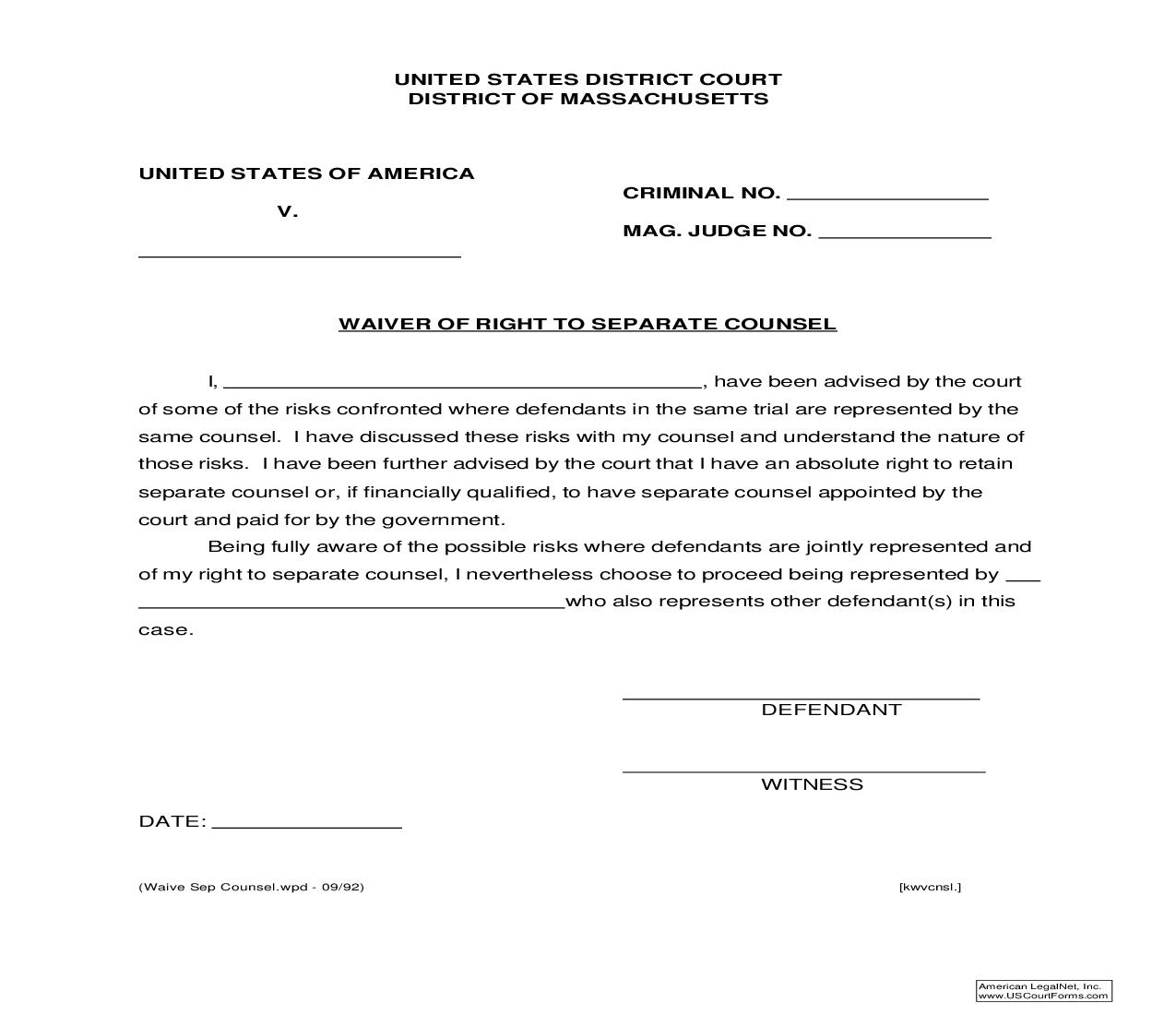Waiver Of Right To Separate Counsel | Pdf Fpdf Doc Docx | Massachusetts