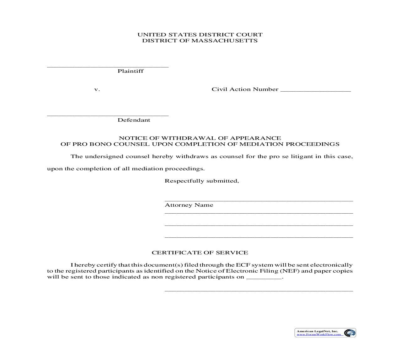 Withdrawal Of Appearance (Notice Of Withdrawal Of Appearance Of Pro Bono Counsel) | Pdf Fpdf Doc Docx | Massachusetts