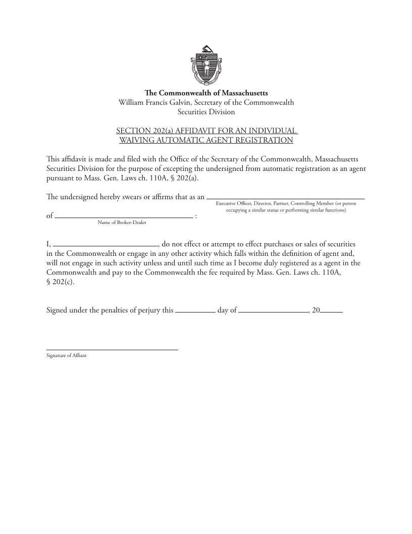 Affidavit For An Individual Waiving Automatic Agent Registration | Pdf Fpdf Docx | Massachusetts