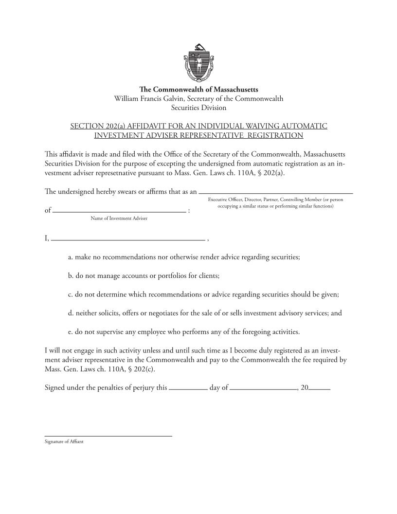 Affidavit For An Individual Waiving Automatic Investment Adviser Representation Registration | Pdf Fpdf Docx | Massachusetts