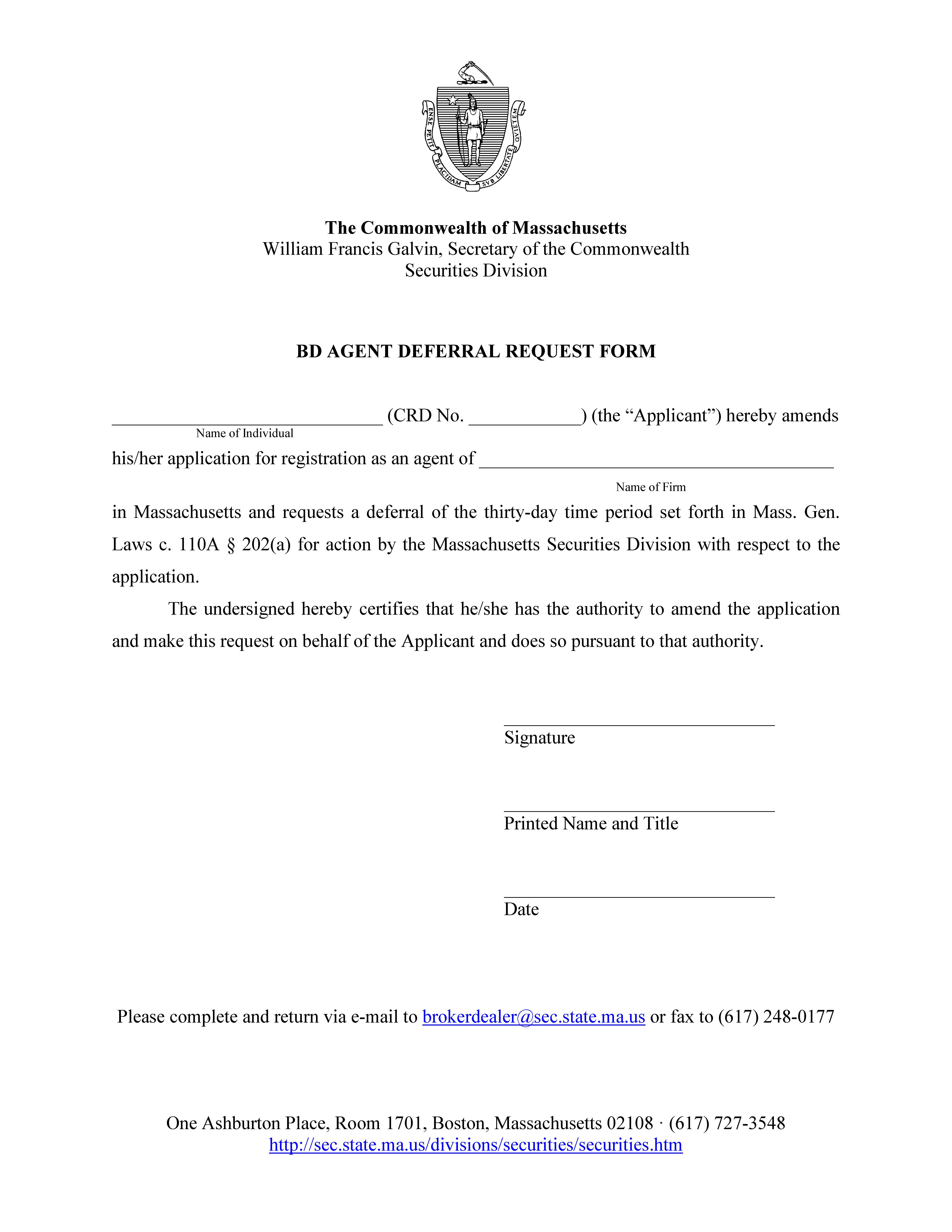 Deferral Request Form-Agent {DFRRLA} | Pdf Fpdf Doc Docx | Massachusetts