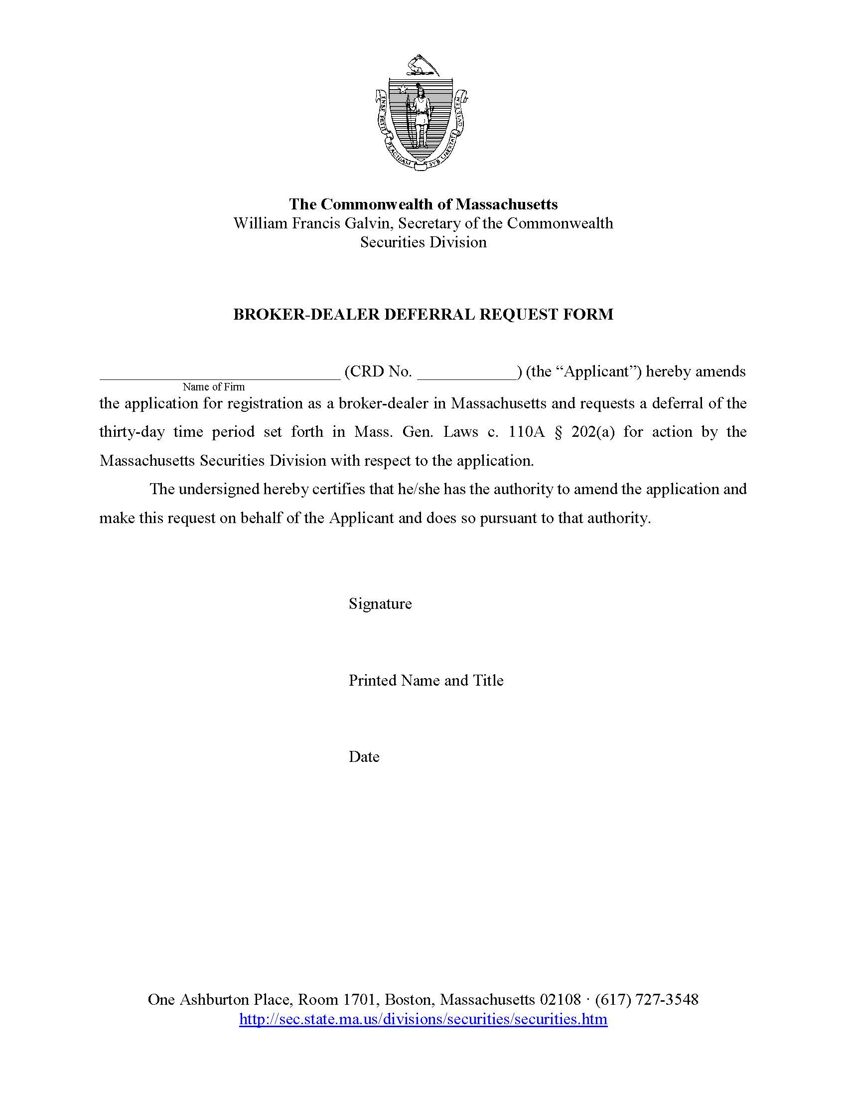 Deferral Request Form-Broker-Dealer {DFRRLBD} | Pdf Fpdf Doc Docx | Massachusetts