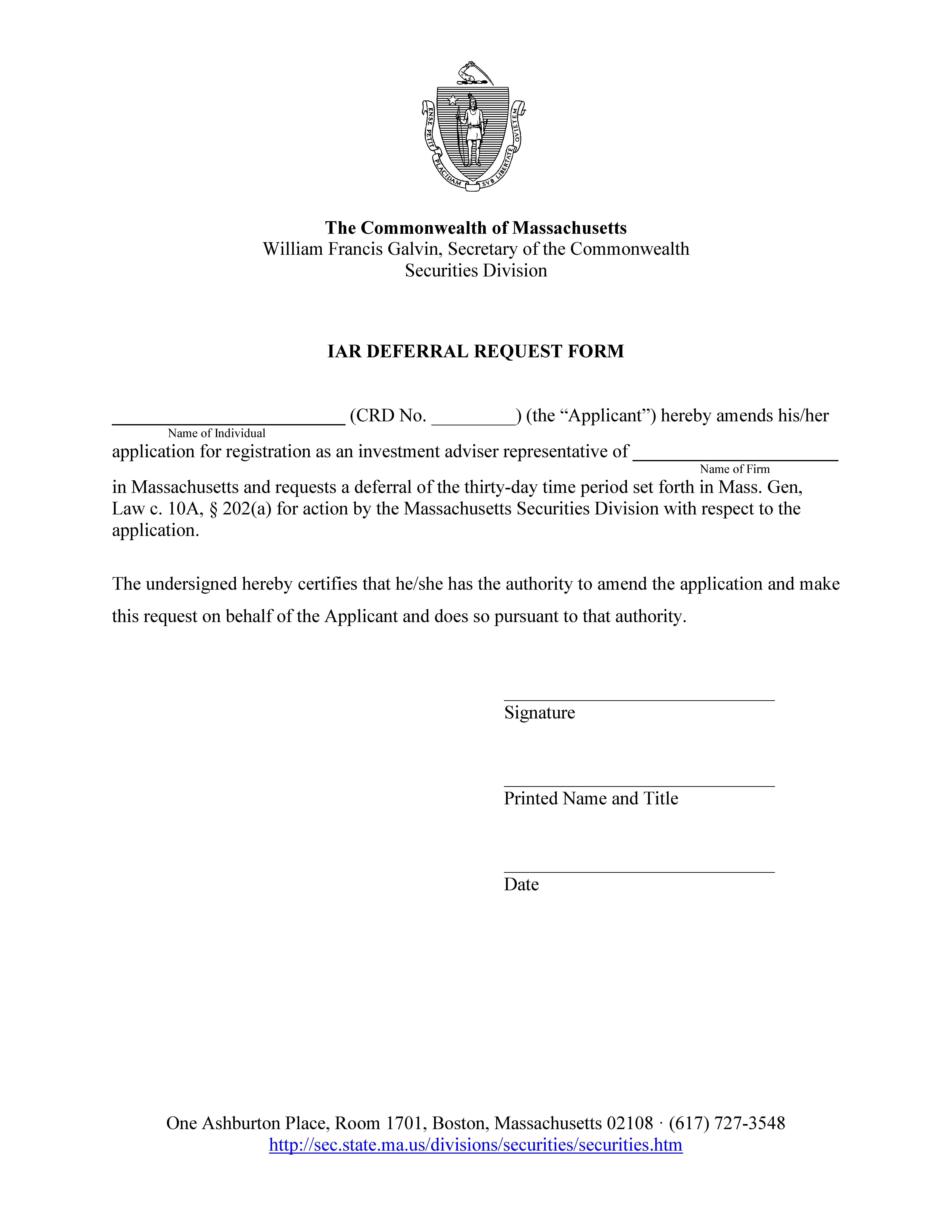 Deferral Request Form-Investment Adviser Representative | Pdf Fpdf Docx | Massachusetts
