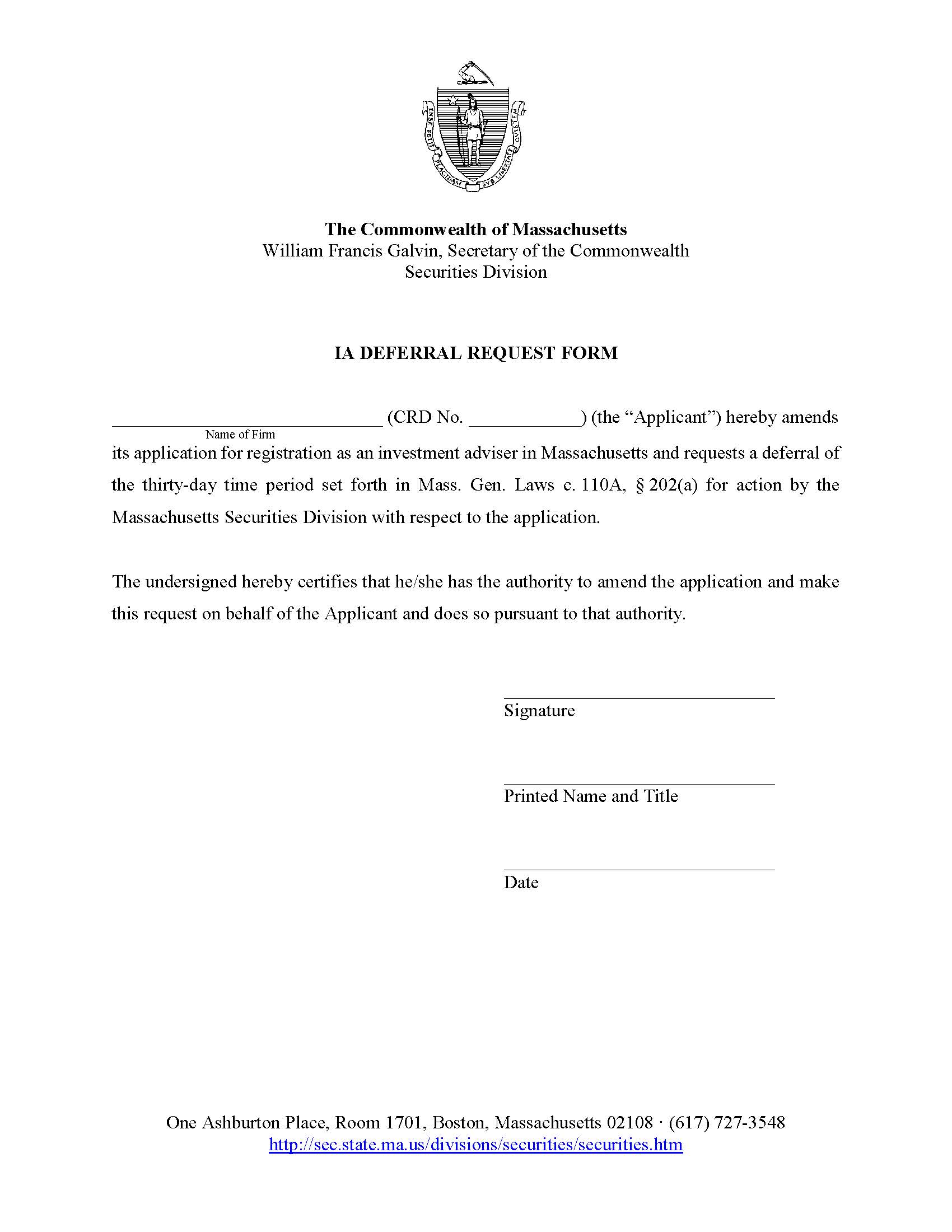 Deferral Request Form-Investment Adviser | Pdf Fpdf Docx | Massachusetts