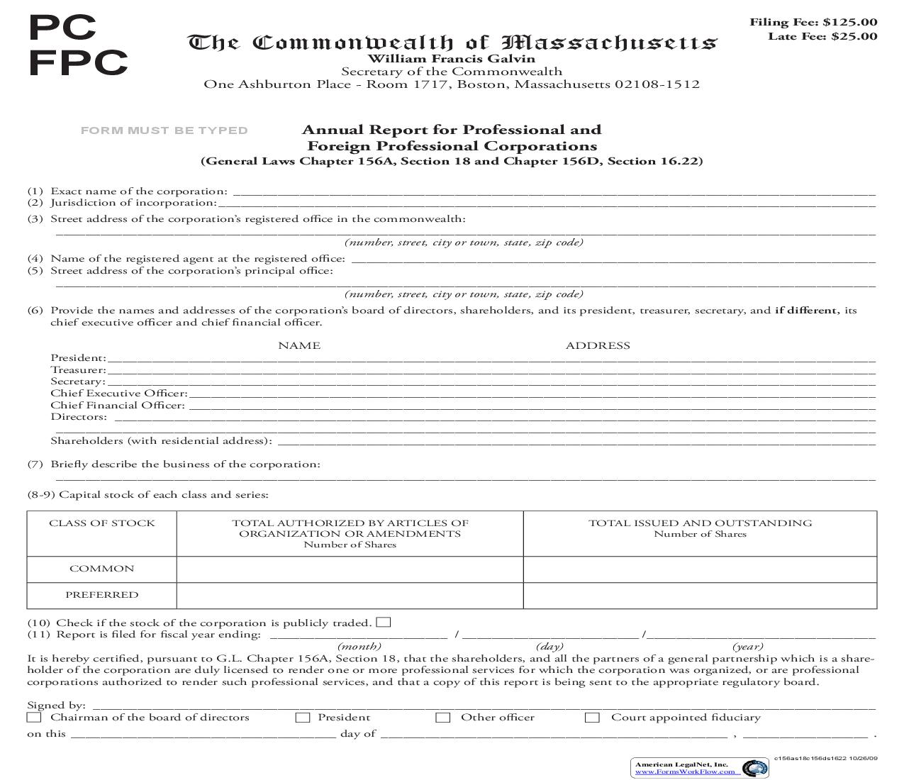 Annual Report For Professional And Foreign Professional Corporations | Pdf Fpdf Doc Docx | Massachusetts