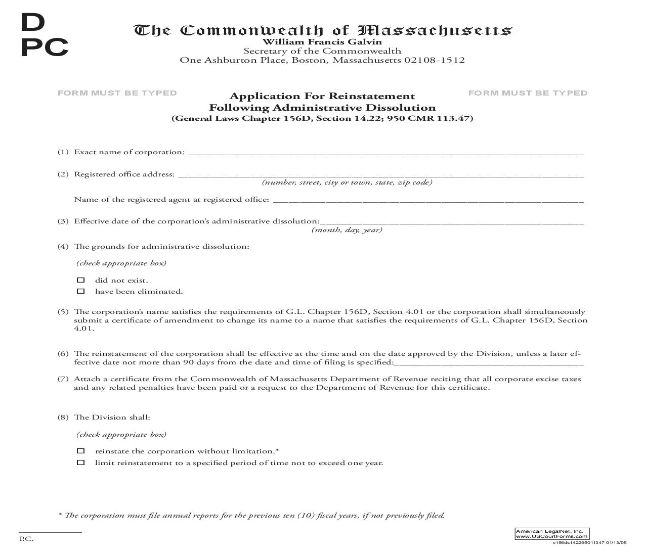 Application For Reinstatement Following Administrative Dissolution | Pdf Fpdf Doc Docx | Massachusetts