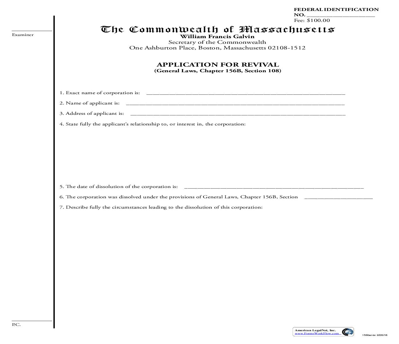 Application For Revival | Pdf Fpdf Doc Docx | Massachusetts