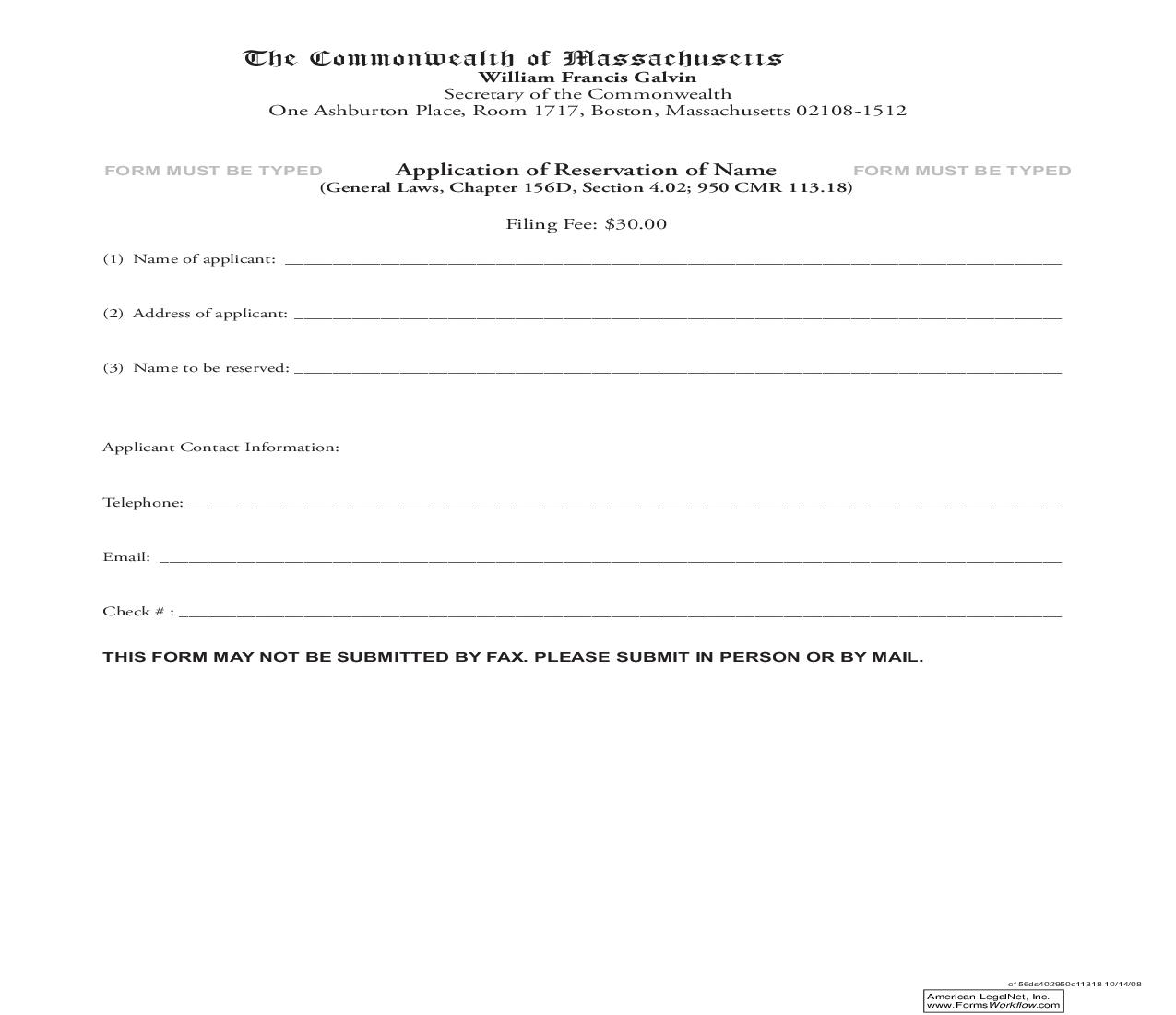 Application Of Reservation Of Name | Pdf Fpdf Doc Docx | Massachusetts