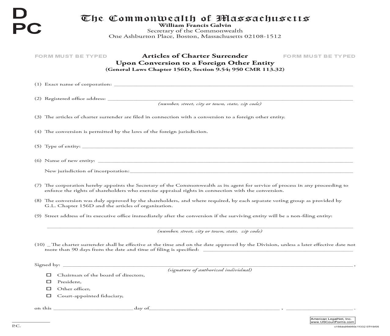Articles Of Charter Surrender Upon Conversion To A Foreign Other Entity | Pdf Fpdf Doc Docx | Massachusetts