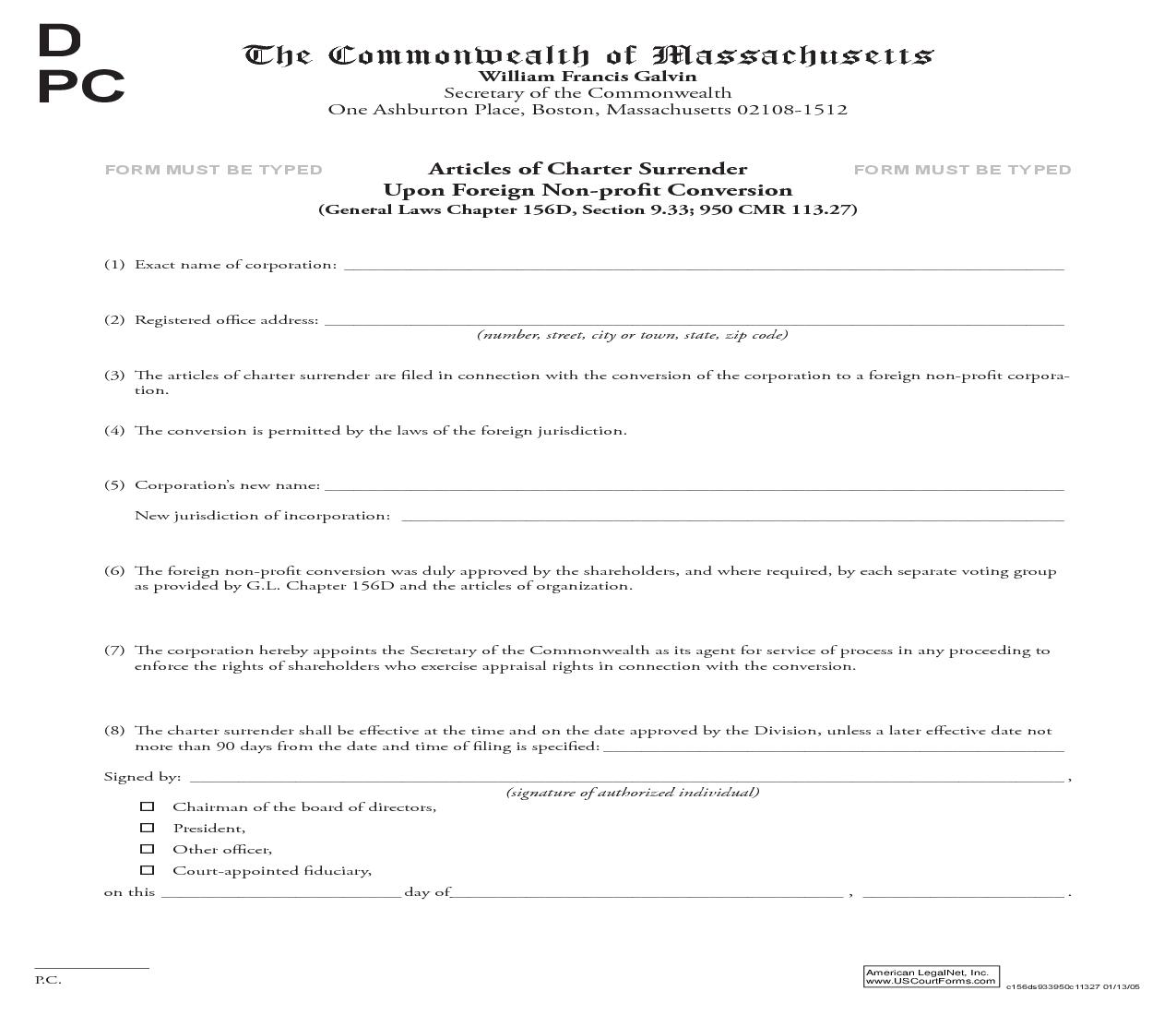 Articles Of Charter Surrender Upon Foreign Non-Profit Conversion | Pdf Fpdf Doc Docx | Massachusetts
