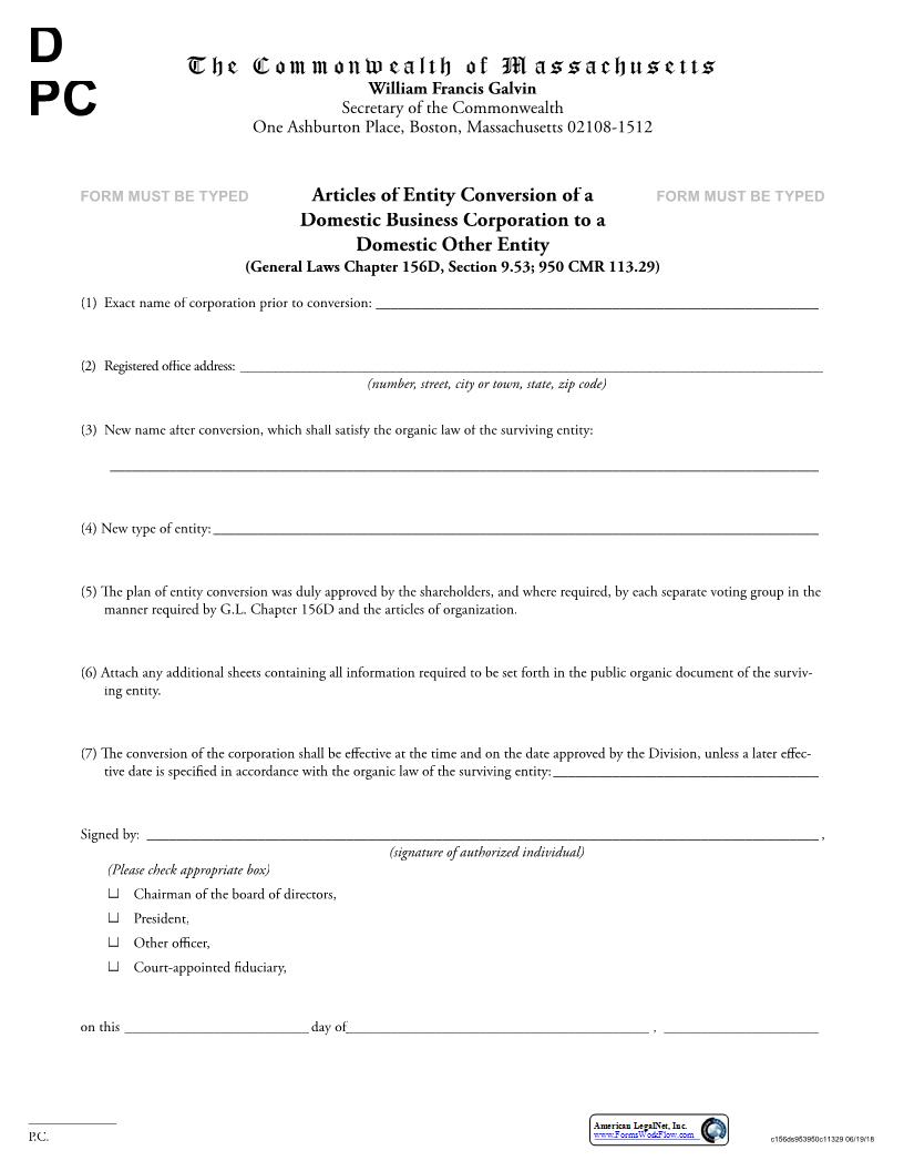 Articles Of Entity Conversion Of A Domestic Business Corporation | Pdf Fpdf Docx | Massachusetts