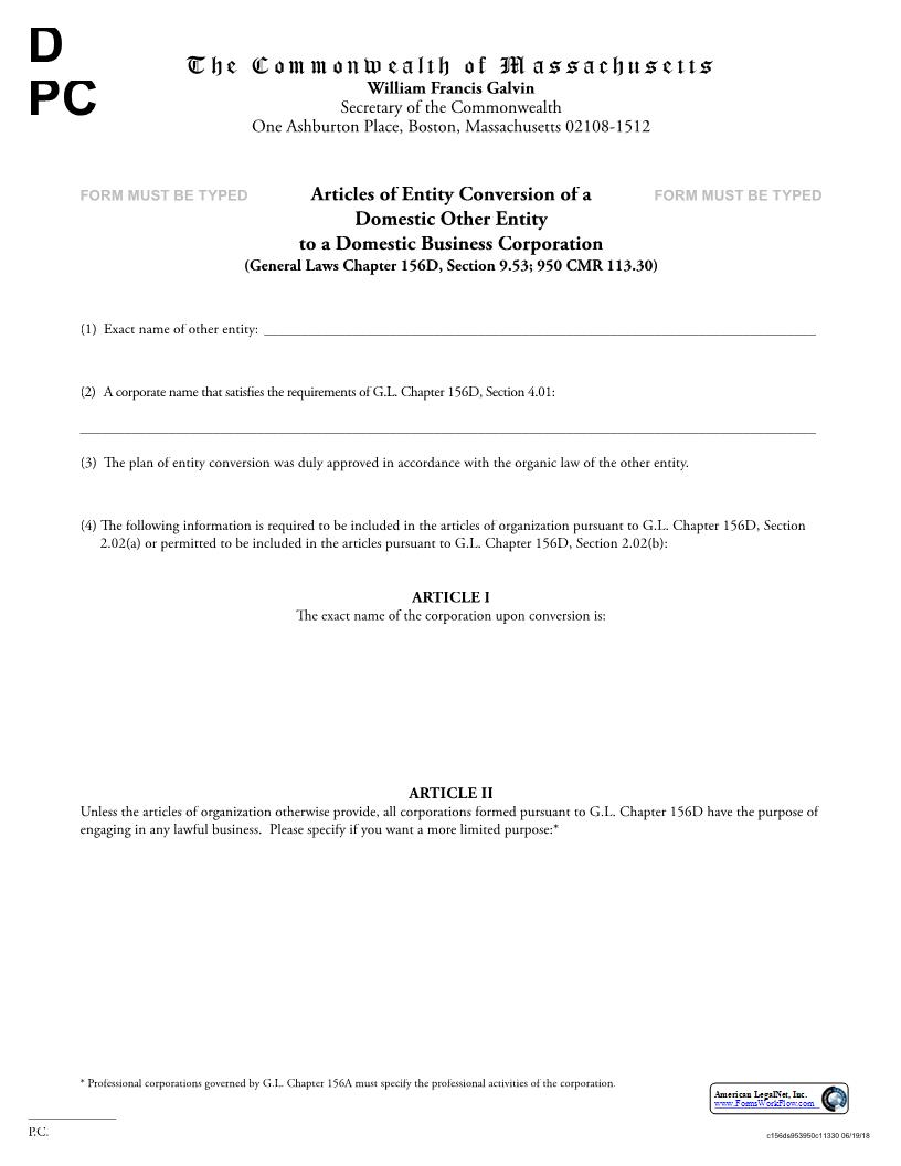 Articles Of Entity Conversion Of A Domestic Other Entity | Pdf Fpdf Docx | Massachusetts