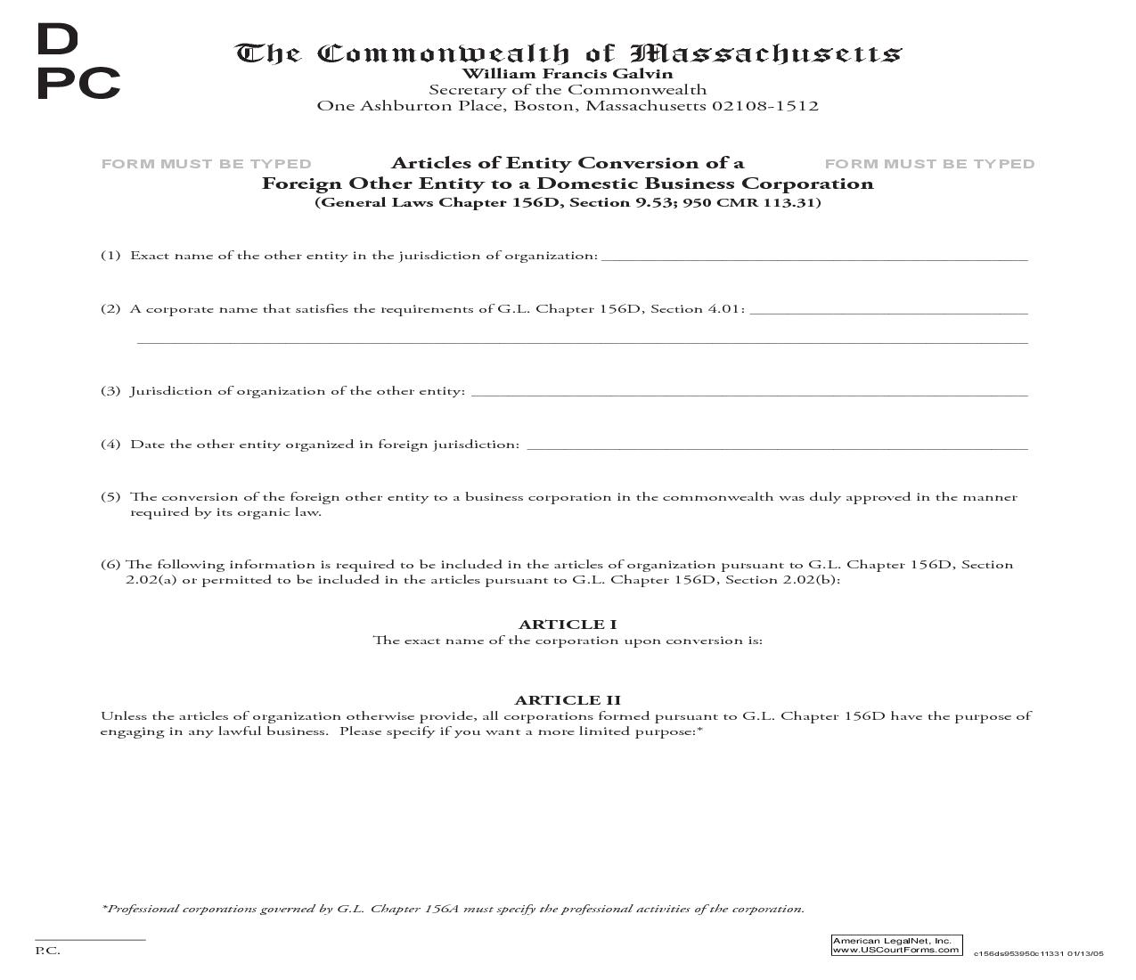 Articles Of Entity Conversion Of A Foreign Other Entity | Pdf Fpdf Doc Docx | Massachusetts