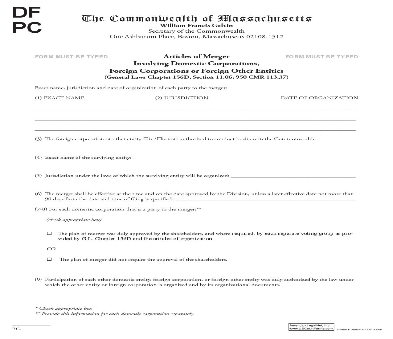 Articles Of Merger Involving Domestic Corporations-Foreign Corporations | Pdf Fpdf Doc Docx | Massachusetts