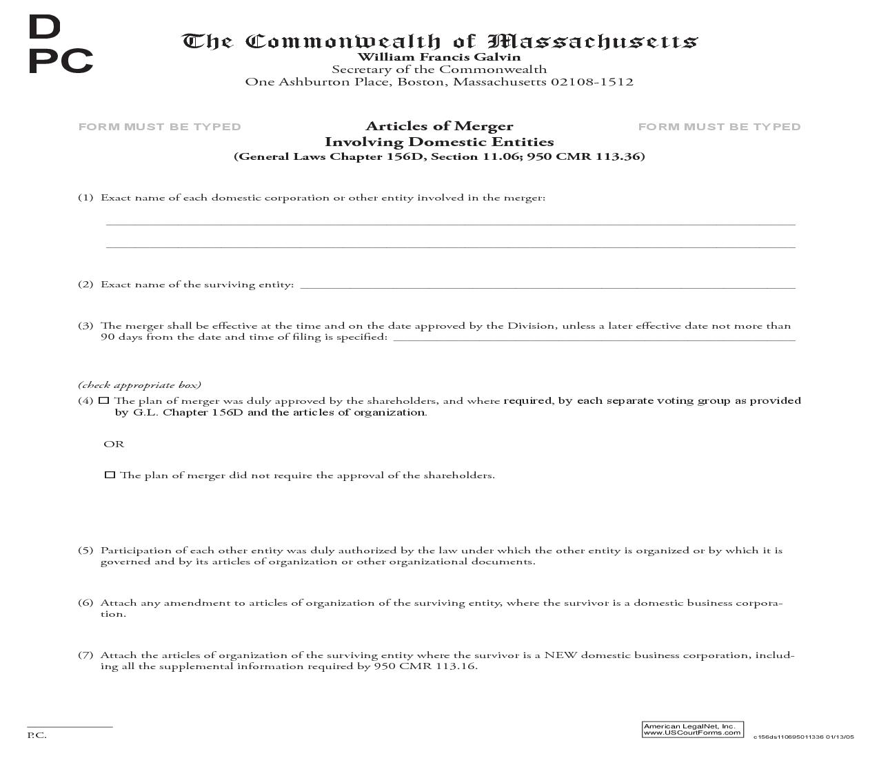 Articles Of Merger Involving Domestic Entities | Pdf Fpdf Doc Docx | Massachusetts
