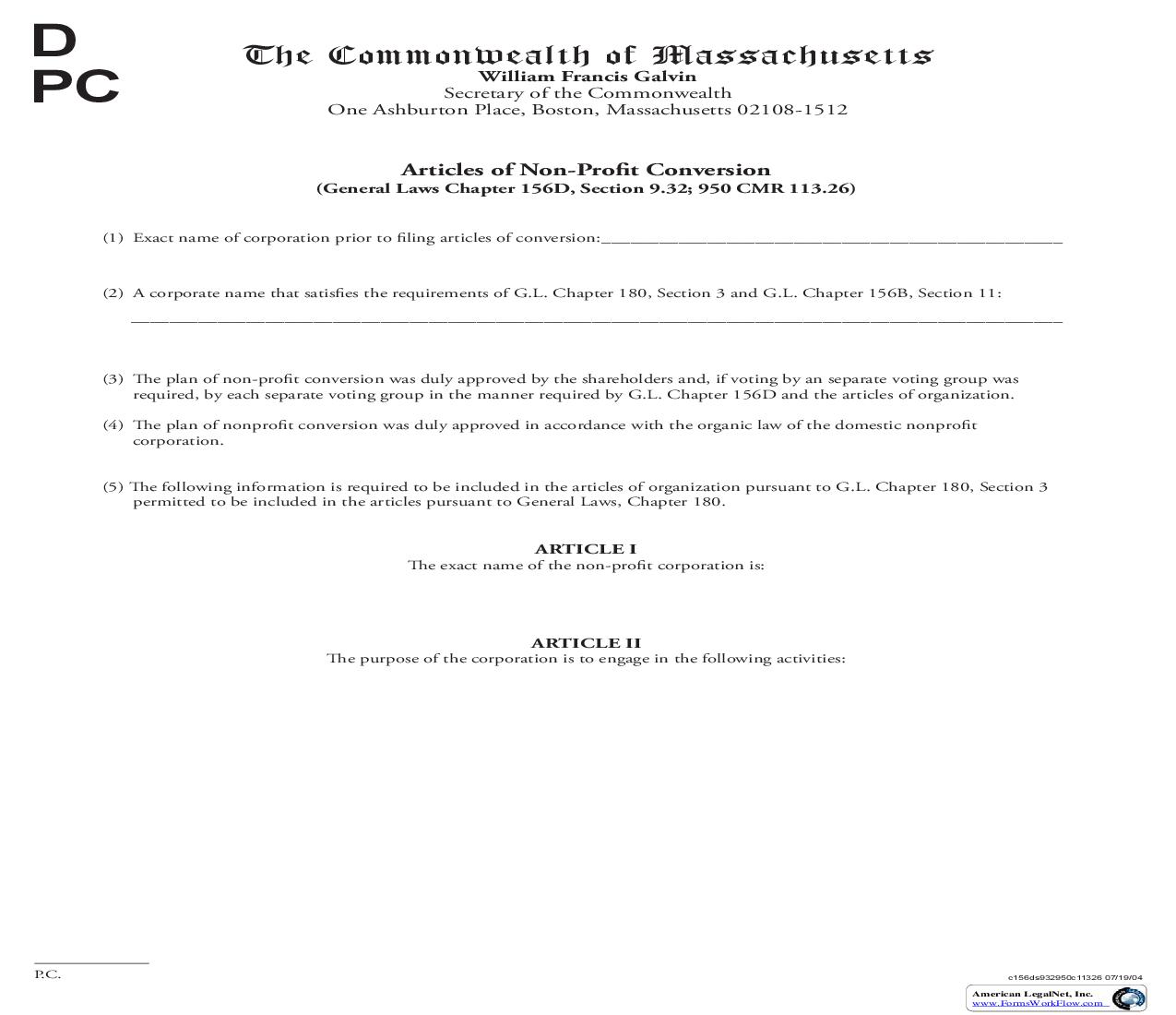 Articles Of Non-Profit Conversion | Pdf Fpdf Doc Docx | Massachusetts