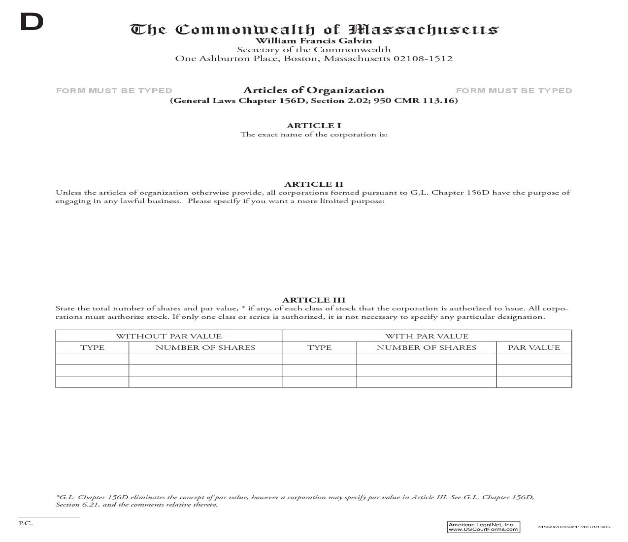 Articles Of Organization (Domestic Profit Corporation) | Pdf Fpdf Doc Docx | Massachusetts