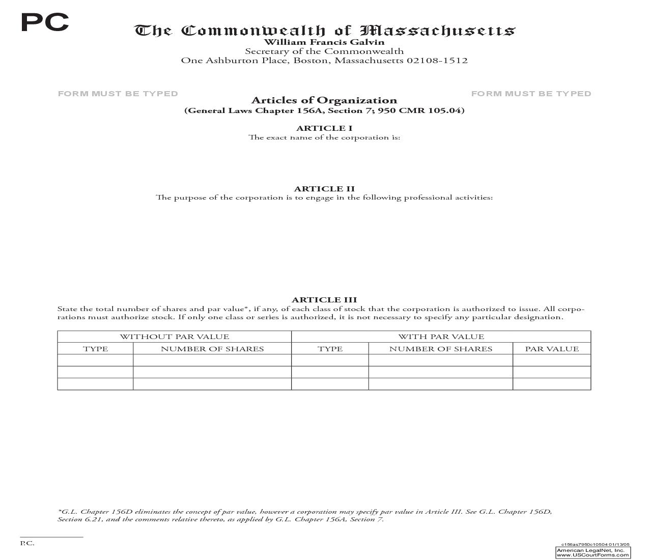 Articles Of Organization (Professional Corporation) | Pdf Fpdf Doc Docx | Massachusetts