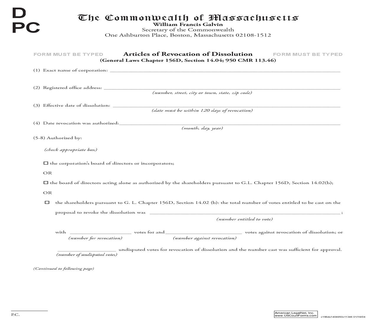 Articles Of Revocation Of Dissolution | Pdf Fpdf Doc Docx | Massachusetts