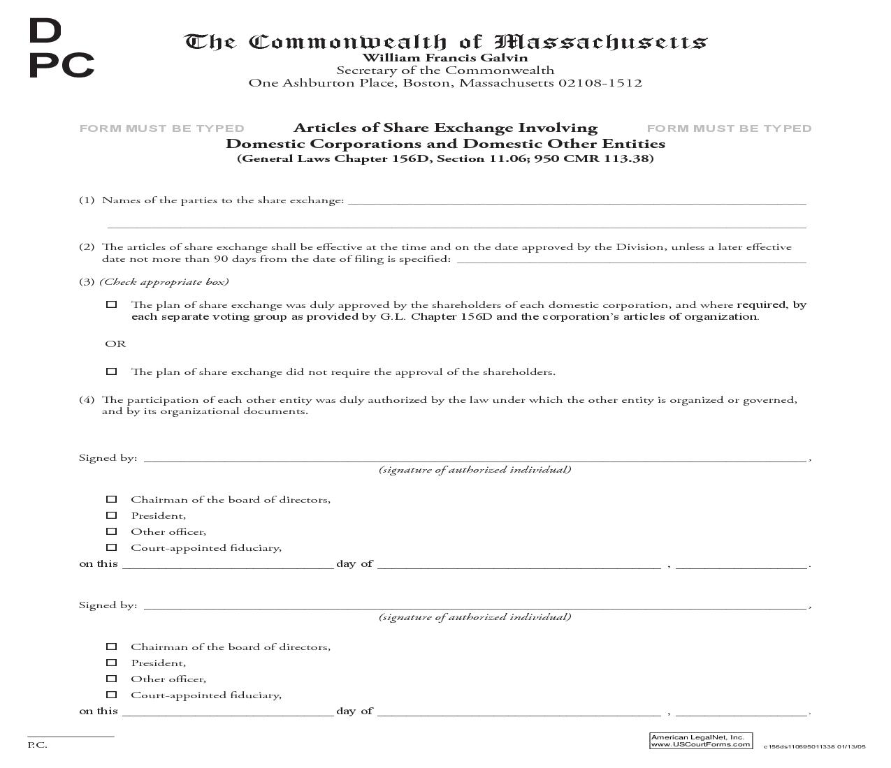 Articles Of Share Exchange Involving Domestic Corporations And Domestic Other Entities | Pdf Fpdf Doc Docx | Massachusetts