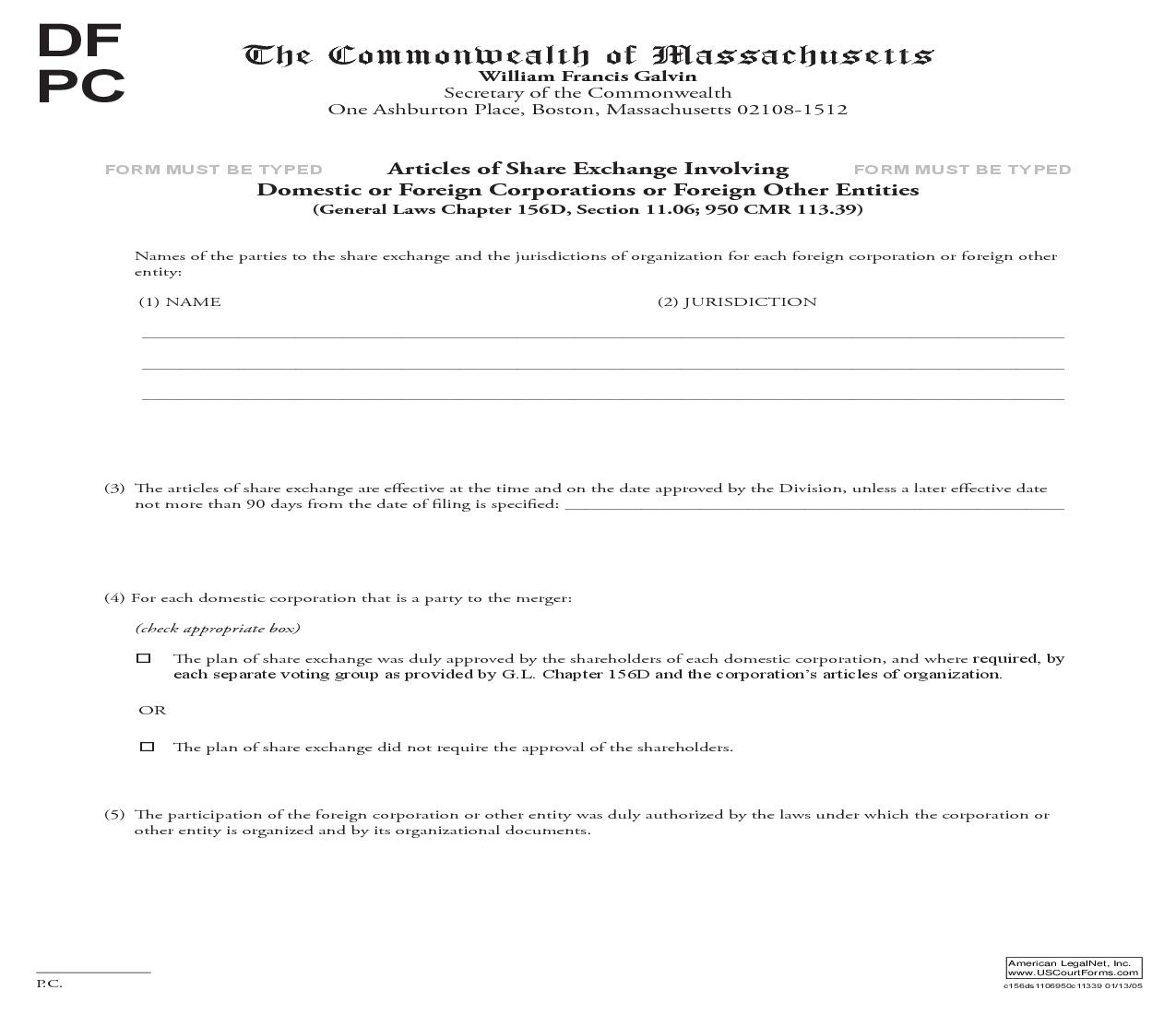 Articles Of Share Exchange Involving Domestic Or Foreign Corporations Or Foreign Other Entities | Pdf Fpdf Doc Docx | Massachusetts