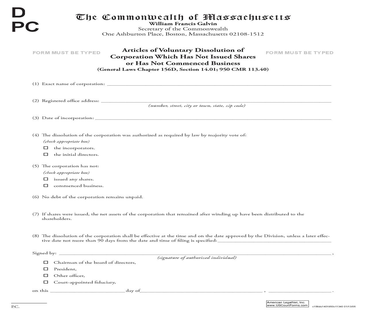 Articles Of Voluntary Dissolution Of Corporation Which Has Not Issued Shares | Pdf Fpdf Doc Docx | Massachusetts