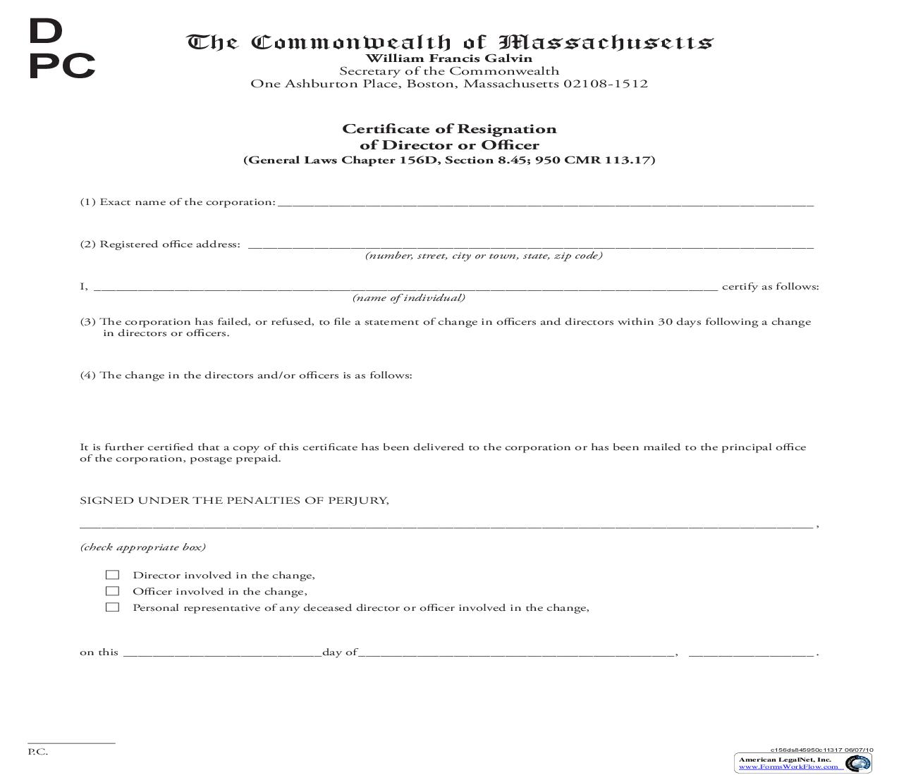 Certificate Of Resignation Of Director Or Officer | Pdf Fpdf Doc Docx | Massachusetts