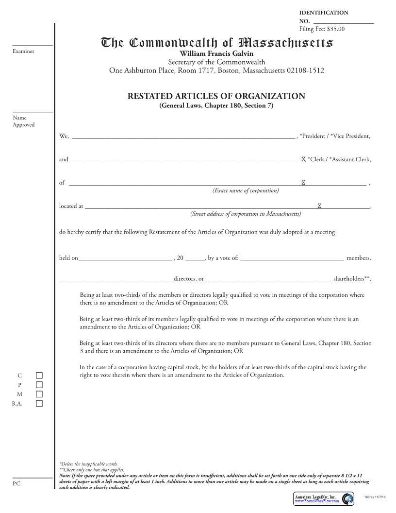 Restated Articles Of Organization | Pdf Fpdf Docx | Massachusetts