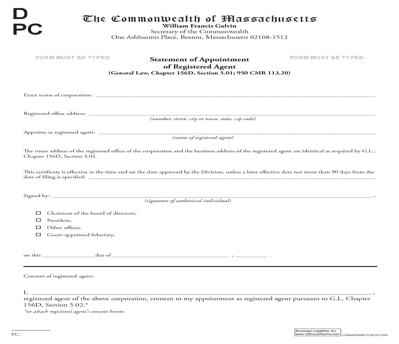 Statement Of Appointment Of Registered Agent | Pdf Fpdf Doc Docx | Massachusetts