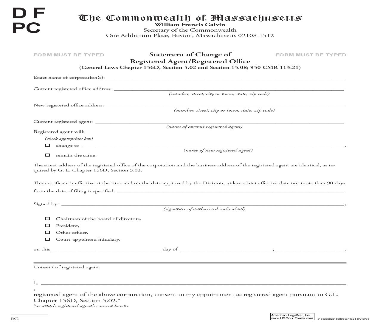 Statement Of Change Of Registered Agent-Registered Offices | Pdf Fpdf Doc Docx | Massachusetts