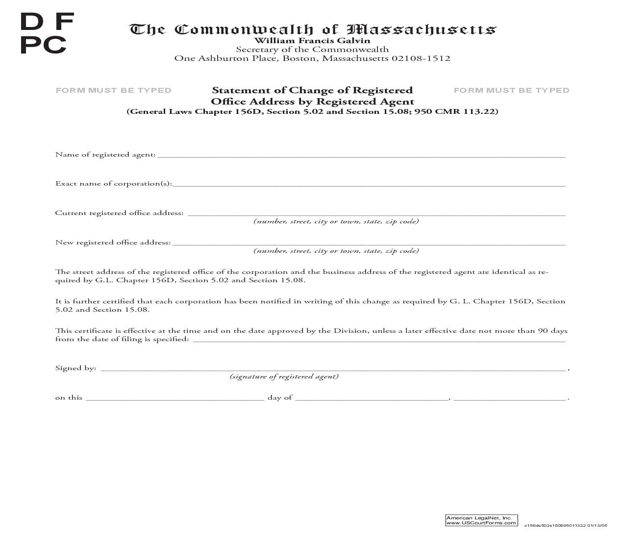 Statement Of Change Of Registered Office Address By Registered Agent | Pdf Fpdf Doc Docx | Massachusetts
