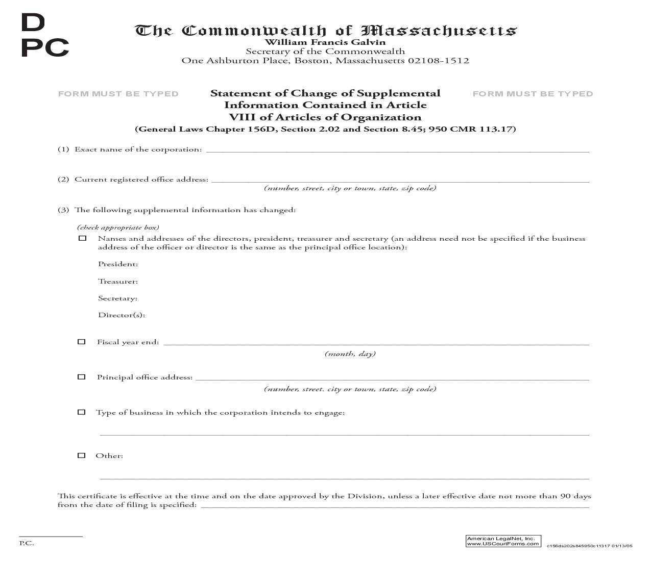 Statement Of Change Of Supplemental Information Contained In Article VIII | Pdf Fpdf Doc Docx | Massachusetts