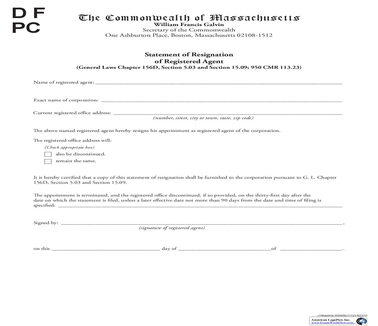 Statement Of Resignation Of Registered Agent | Pdf Fpdf Doc Docx | Massachusetts