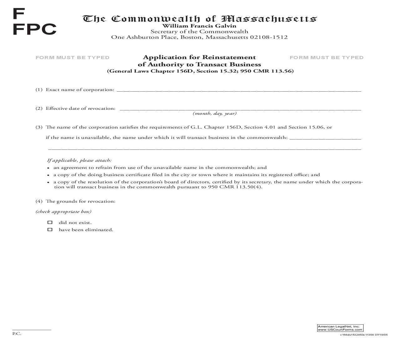 Application For Reinstatement Of Authority To Transact Business | Pdf Fpdf Doc Docx | Massachusetts