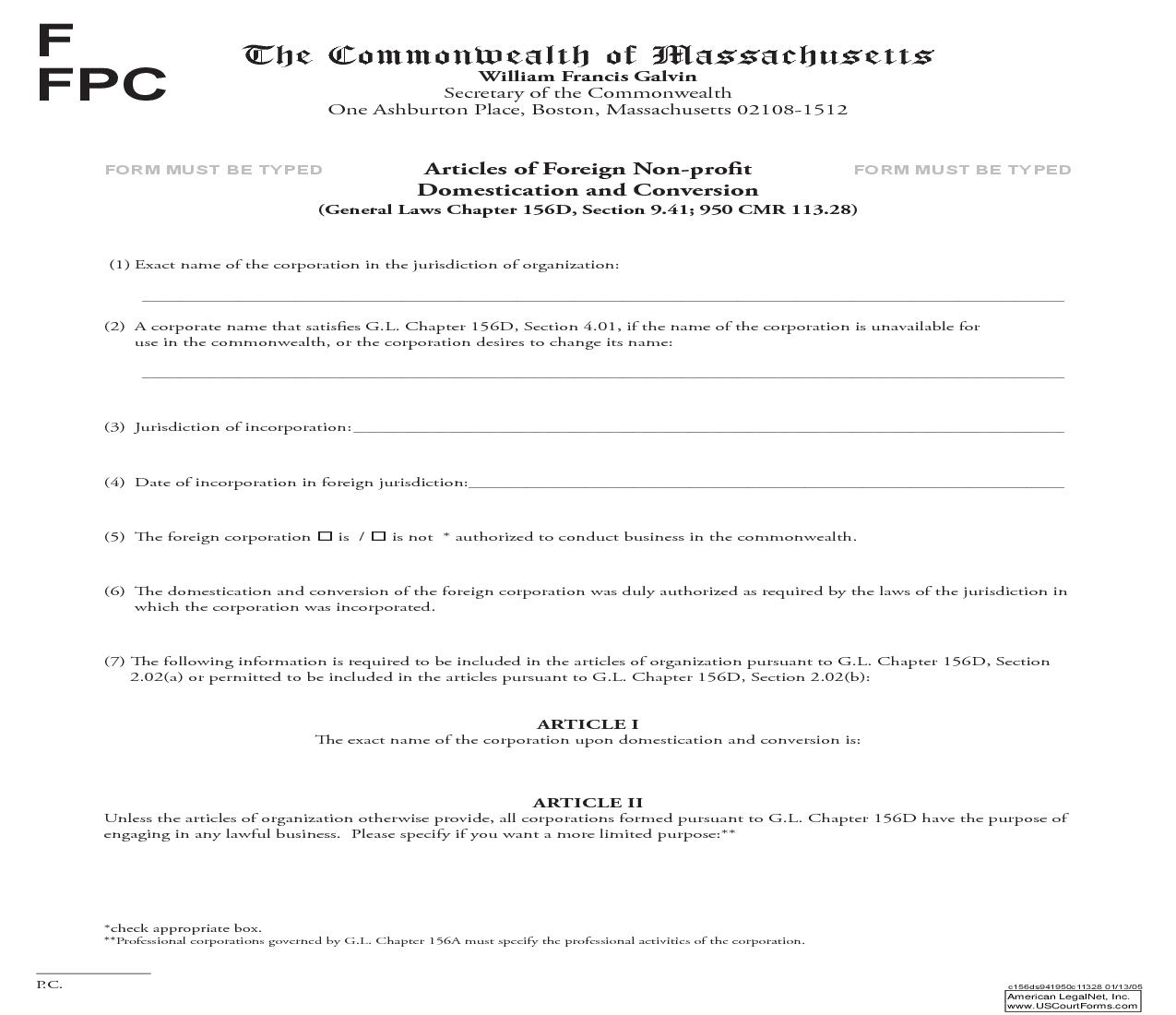 Articles Of Foreign Non-Profit Domestication And Conversion | Pdf Fpdf Doc Docx | Massachusetts