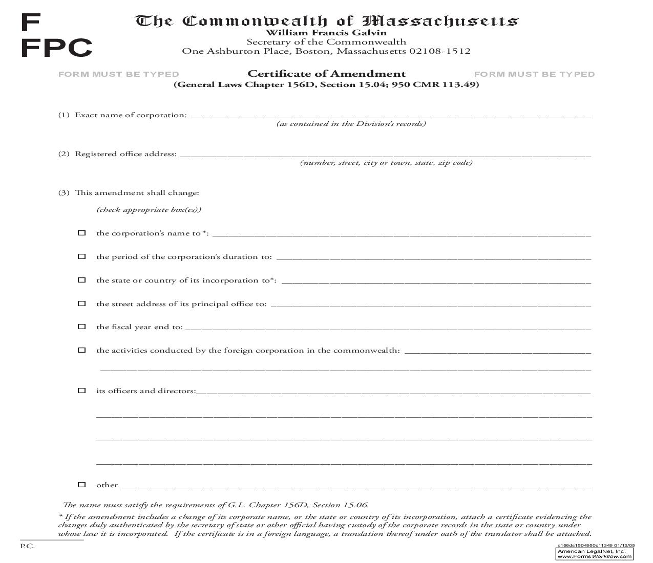 Certificate Of Amendment | Pdf Fpdf Doc Docx | Massachusetts