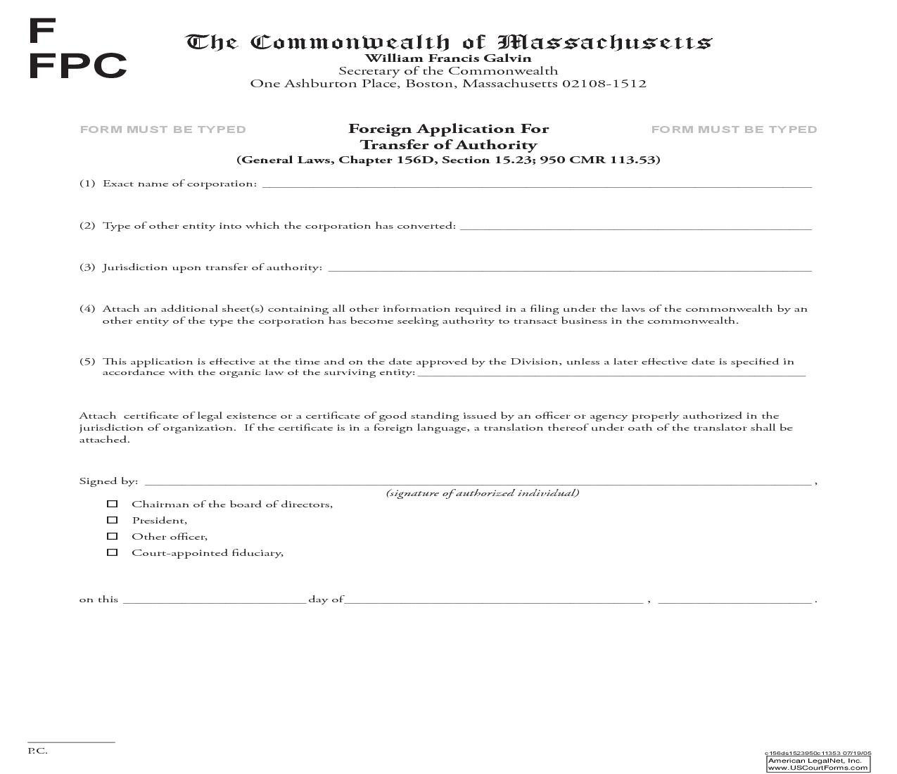 Foreign Application For Transfer Of Authority | Pdf Fpdf Doc Docx | Massachusetts