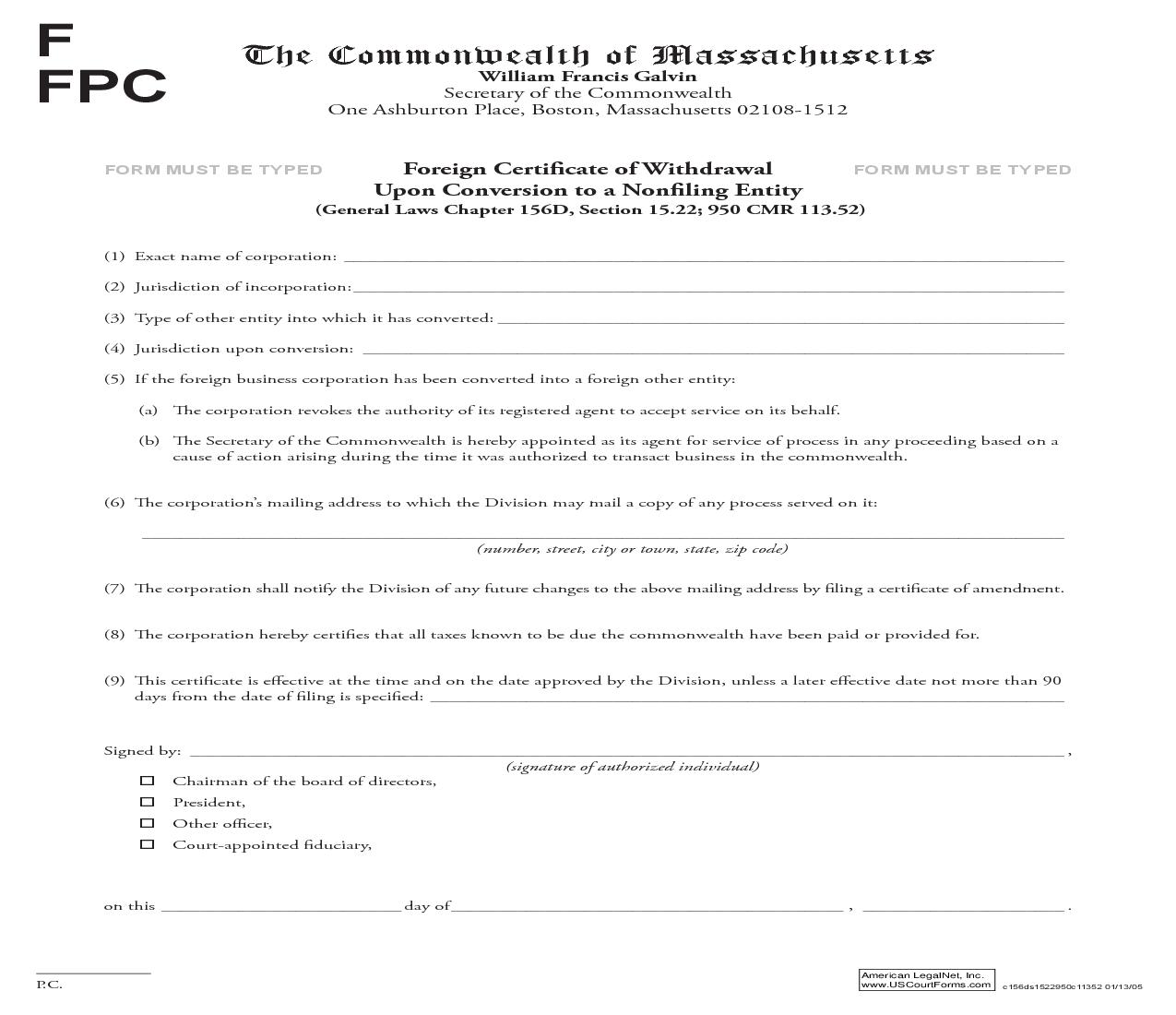 Foreign Certificate Of Withdrawal Upon Conversion To A Nonfiling Entity | Pdf Fpdf Doc Docx | Massachusetts