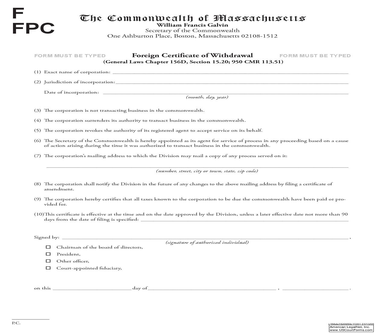 Foreign Certificate Of Withdrawal | Pdf Fpdf Doc Docx | Massachusetts