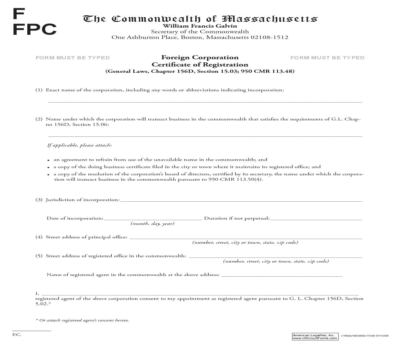 Foreign Corporation Certificate Of Registration | Pdf Fpdf Doc Docx | Massachusetts