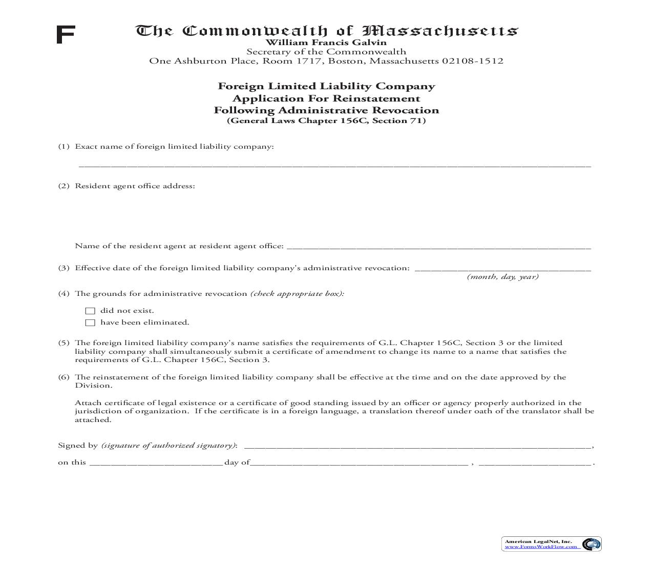 Foreign LLC Application For Reinstatement Following Administrative Revocation | Pdf Fpdf Doc Docx | Massachusetts